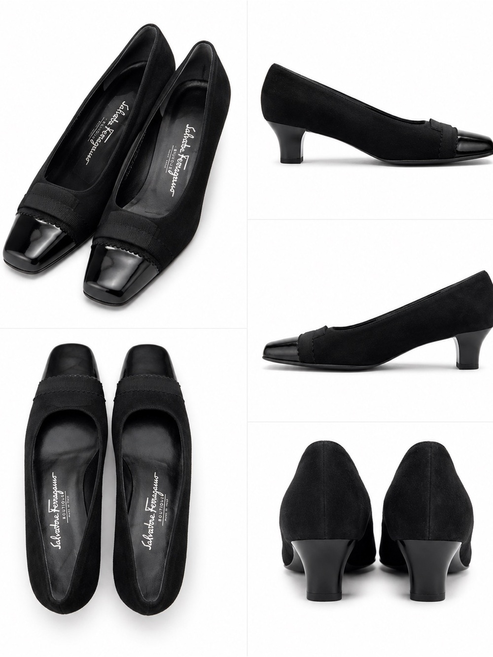 Salvatore Ferragamo Boutique Black Suede Patent Cap Toe Pumps 5.5